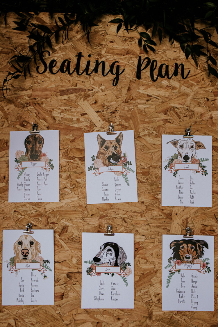 The brides did a lot of DIYs for the wedding including this cute doggie seating chart
