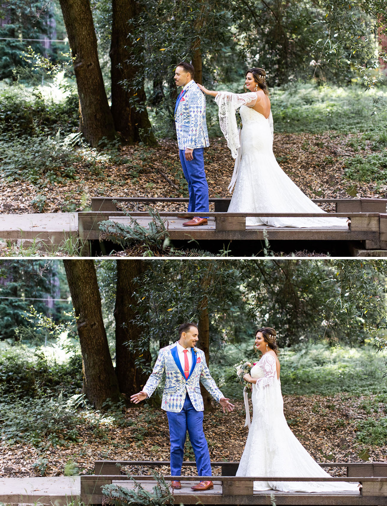 The groom was wearing a bright cobalt suit with a red tie and a colorful and printed blazer