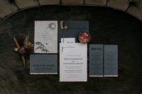 05 The wedding invitation suite was done in neutrals and grey, with a gold leaf edge