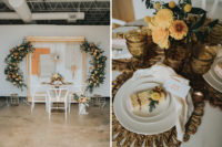 06 The wedding tablescape was done with woven placemats, amber glasses, mustard blooms and greenery plus neutral napkins
