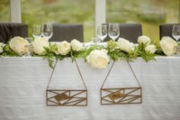 10 The wedding table decor was done with simple wooden signs, greenery and white blooms