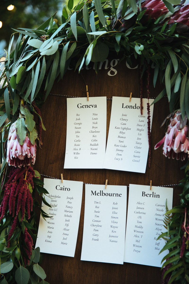 The wedding seating chart was done with greenery and burgundy and pink blooms