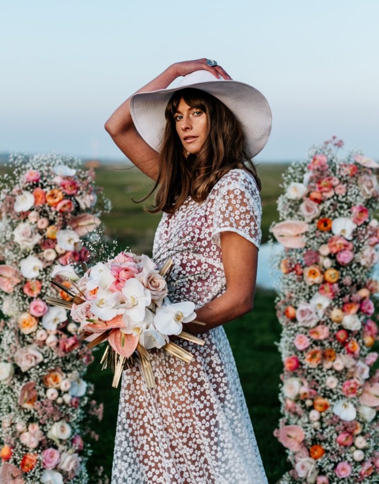 This blush pink wedding shoot had 70s bohemian wedding theme and took place at a nature reserve