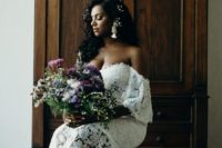 04 Asia chose a beautiful off the shoulder lace wedding dress and statement boho earrings