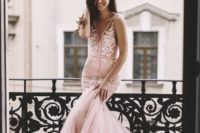 08 a pink mermaid wedding dress with thick straps, a train and white lace appliques foor a trendy feel
