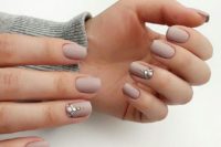 13 matte grey squoval nails with accented ring fingers – large pearls, rhinestones and gold for a refined bride