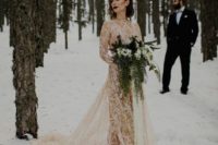 24 a white lace see-through wedding dress put on a nude underdress and a dark lip for an edgy touch