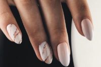 27 ombre French nails with two marble accent nails and a touch of gold glitter are very trendy