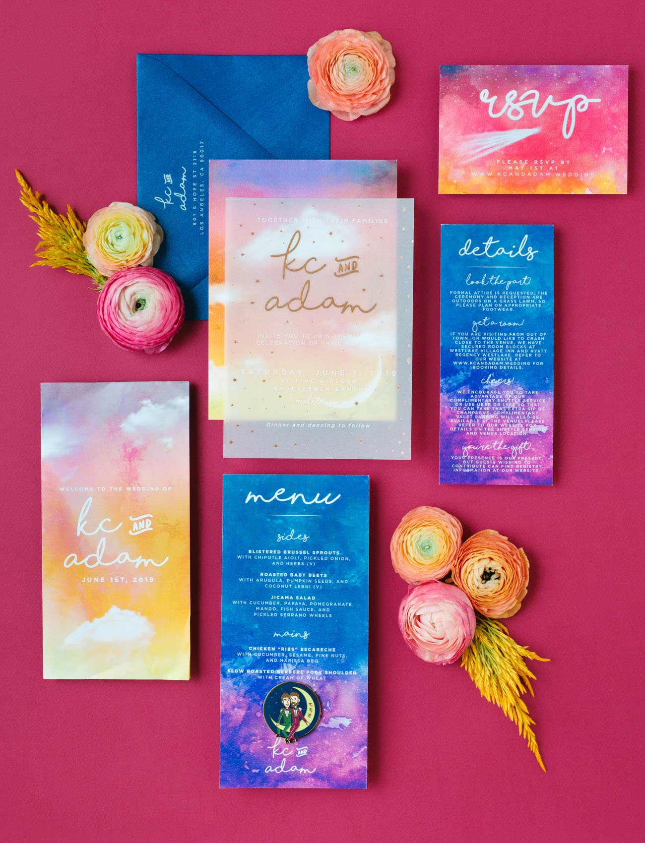 The wedding invitation suite was super bright and colorful, with lot sof watercolors