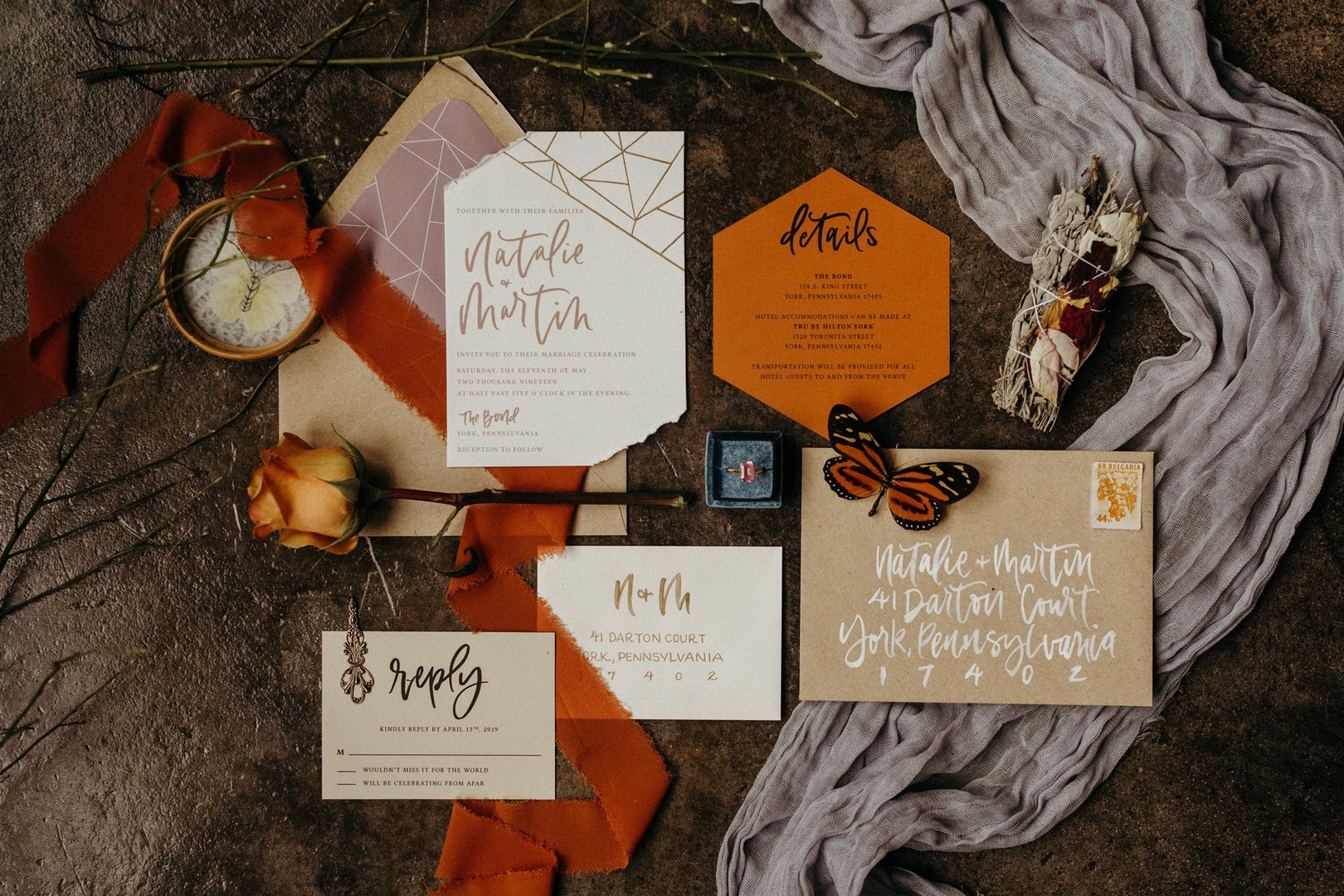 trendy wedding stationary design in fall tones