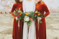 03 bold rust-colored velvet midi bridesmaid dresses with turtlenecks and long sleeves look statement-like