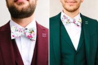 04 The grooms were rocking a burgundy and an emerald three-piece suit plus mathcing floral bow ties
