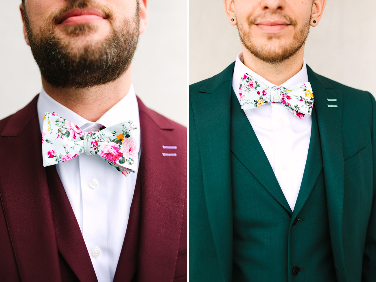 The grooms were rocking a burgundy and an emerald three piece suit plus mathcing floral bow ties
