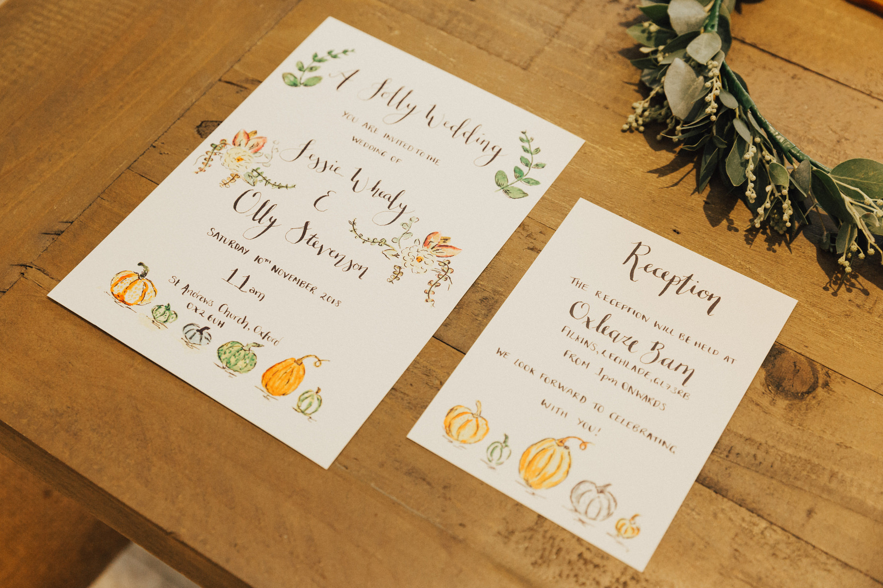 The wedding stationery showed off some handpainted pumpkins