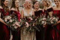 04 burgundy and deep red off the shoulder mermaid bridesmaid dresses look super chic and cool