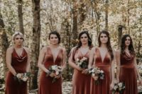 05 chic mismatching rust-colored velvet bridesmaid dresses with deep necklines will fit both a fall and a winter wedding