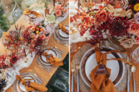 07 The wedding reception table was done with lush floral and foliage centerpieces, candles, bold napkins and woven placemats