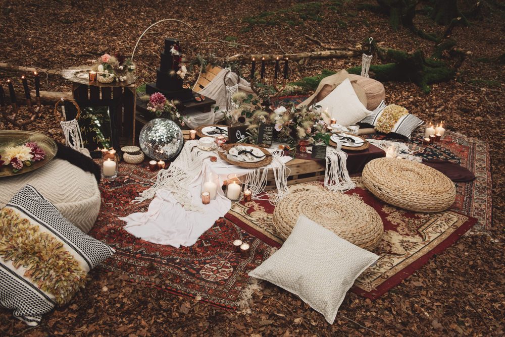 There was a lush boho picnic styled for the shoot, with rugs, jute ottomans, tablecloths and pillows