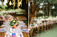10 The reception was an outdoor one, with lamps and lights hanging down, a pastel runner, bright menus and blooms