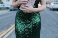16 an emerald sequin sheath maxi dress with cap sleeves and a shiny clutch for a formal Christmas look