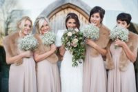 18 dusty pink gowns with neutral faux fur will make your bridesmaids look tender and super feminine