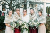 21 deep red and neutral bridesmaid dresses with neutral faux fur coverups are chic and cool