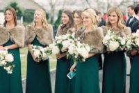 22 emerald bridesmaid maxi dresses and tan faux fur coverups for a chic and bold look