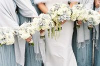 23 embellished light blue maxi bridesmaid dresses with white pashminas are a chic and tender combo