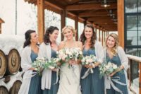 24 slate grey bridesmaids’ dresses with neutral cover ups for a contrasting and bold winter look