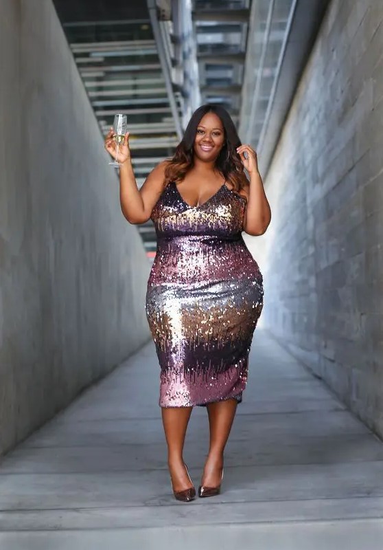 a gradient sequin midi dress on spaghetti straps, metallic shoes for a New Year's Eve wedding