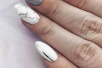 a white nail with a shiny silver stripe, a white marble nail and grey nails for a glam and chic bridal look