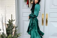 an exquisite green midi wrap dress, leopard shoes are a cool combo for a Christmas wedding, it looks chic
