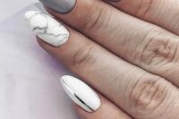 grey, white and marble wedding nails with a shiny strap are a cool modern bridal manicure to try