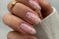 long nude wedding nails with gold hexagons are amazing for a glam and cute bride, who wants a bit of loveliness