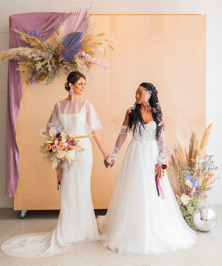 This wedding shoot was done in a lilac color scheme, with disco balls and lots of texture