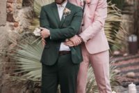 02 The grooms were wearing stylish outfits – a green and a pink suit with a tropical print shirt and chic moccasins