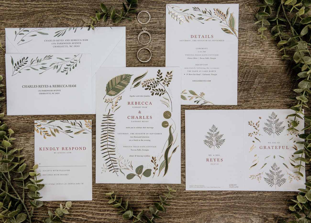 The wedding invitation suite was done with botanical prints