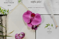 02 The wedding invitation suite was neutral, with black calligraphy and botanical prints