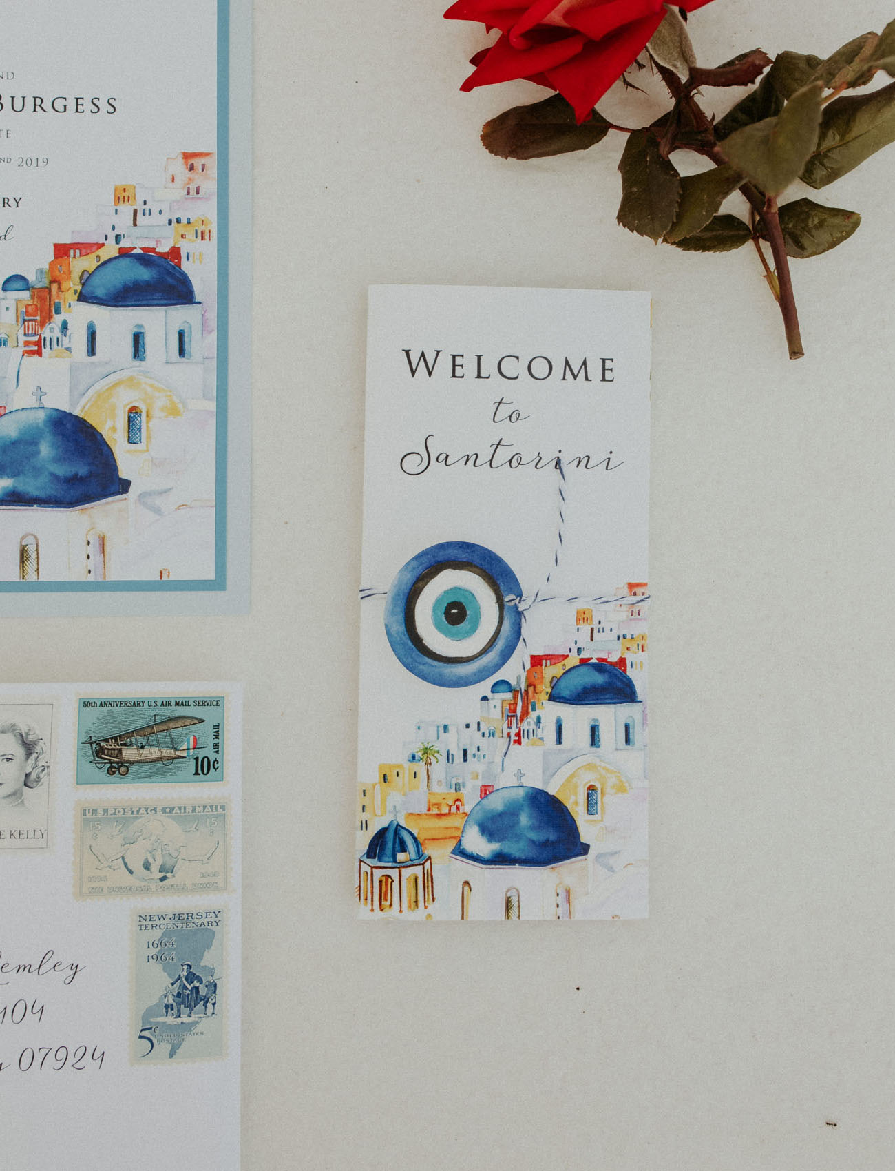 The wedding stationery was strongly inspired by Santorini, done in bright colors and with watercolors