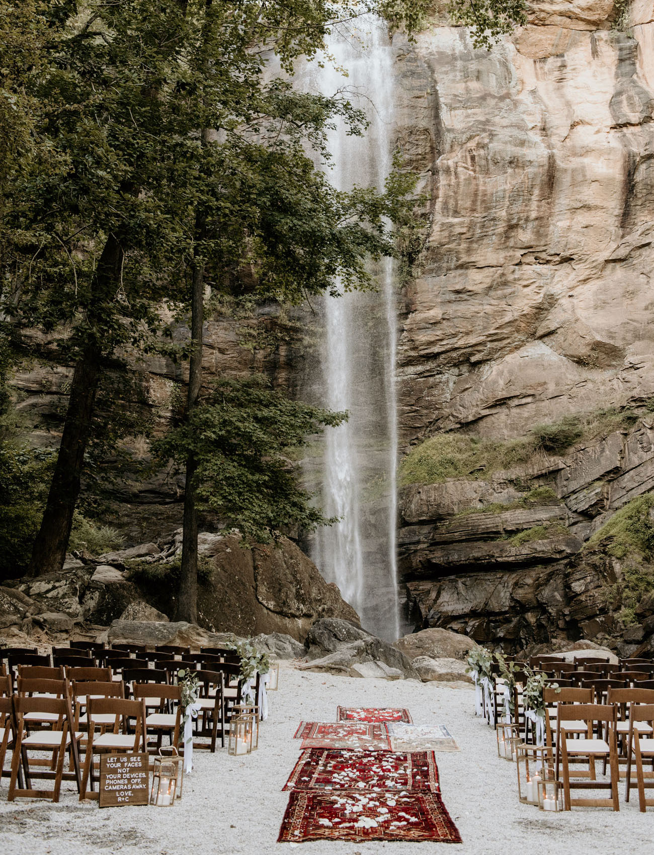 The wedding ceremony space was great   there was a waterfall, vintage rugs and some candles