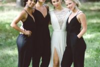 05 sexy black bridesmaid jumpsuits with spaghetti straps and deep V-necklines plus black shoes