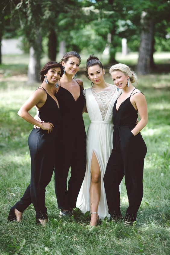 sexy black bridesmaid jumpsuits with spaghetti straps and deep V necklines plus black shoes