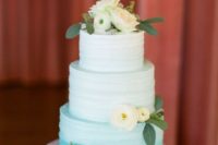 06 a chic ombre white to aqua wedding cake decorated with white blooms is a cool idea for a wedding