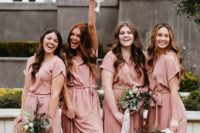 07 pink wrap maxi bridesmaid dresses with short sleeves and a high neckline for a summer wedding