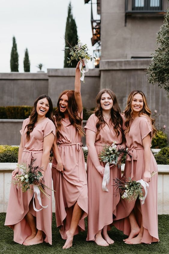 pink wrap maxi bridesmaid dresses with short sleeves and a high neckline for a summer wedding