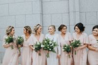 08 simple light pink wrap maxi bridesmaid dresses with V-necklines and short sleeves for spring or summer weddings