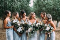 12 light blue slip midi dresses paired with black shoes for a romantic spring or summer bridesmaid look
