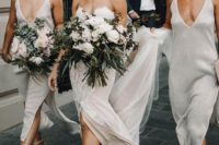 13 gorgeous embellished white bridesmaid slip dresses with side slits and nude shoes
