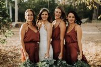 15 burgundy slip maxi bridesmaid dresses with deep necklines are a bold idea for a fall wedding