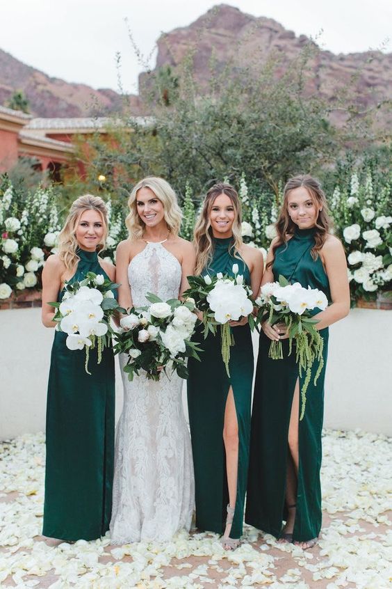 emerald halter neckline bridesmaid dresses with front slits look sexy and bold
